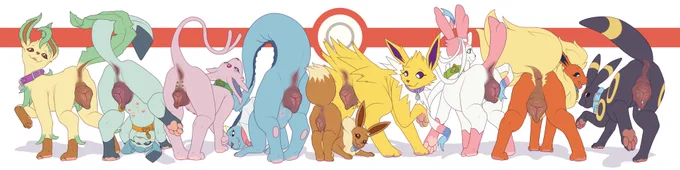 Whole line up of lovely eeveelution ladies enthusiastically presenting their cookies.