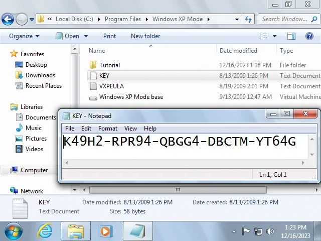 Located in C:\Program Files\Windows XP Mode
Contents of KEY.txt is K49H2-RPR94-QBGG4-DBCTM-YT64G