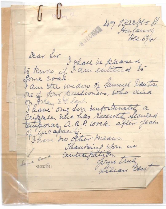 A letter in which Mrs Denton is asking if she is eligible for free coal, there's a note at the bottom which says send coal and a tick