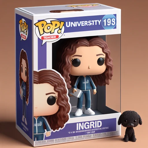 Caja de figura Funko personalizada. Se puede leer University e Ingrid