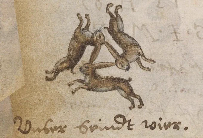 An ink drawing of three rabbits arranged such that each rabbit shares an ear with each adjacent rabbit