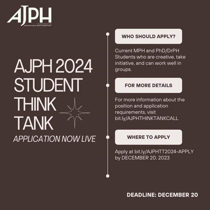 2024 AJPH Student Think Tank. Who should apply? Current MPH and PhD students who are creative, take initiative, and can work well in groups. For more details about the application and position, visit bit.ly/AJPHTHINKTANKCALL. Apply at bit.ly/AJPHTT2024-APPLY by December 20.