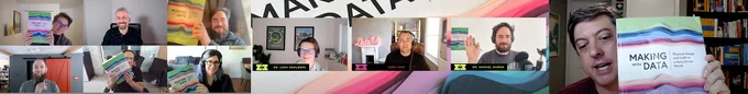Collage of video podcasts with the book editors and Alberto Cairo, Tamara Munzner, Andy Kirk, and Jon Schwabish.