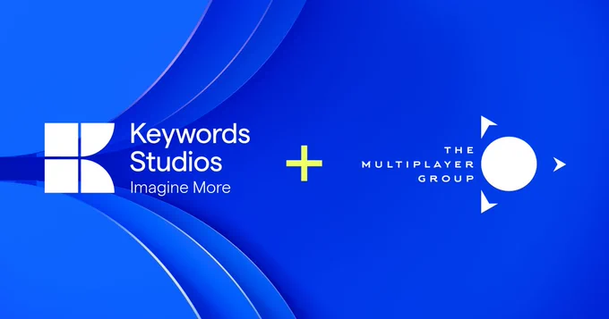 Keywords Studios - Imagine More (logo on the left). The Multiplayer Group logo on the right. Both are connected through a plus symbol.