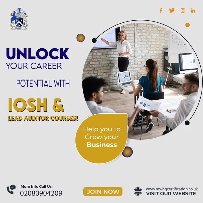 𝐂𝐡𝐚𝐧𝐜𝐞 𝐭𝐨 𝐛𝐮𝐢𝐥𝐝 𝐲𝐨𝐮𝐫 𝐂𝐚𝐫𝐞𝐞𝐫 𝐰𝐢𝐭𝐡 𝐈𝐎𝐒𝐇 𝐚𝐧𝐝 𝐋𝐞𝐚𝐝 𝐀𝐮𝐝𝐢𝐭𝐨𝐫 𝐂𝐨𝐮𝐫𝐬𝐞𝐬! 🌟

Unlock new horisons in your professional journey with our cutting-edge IOSH and Lead Auditor courses! 🚀

✨𝐖𝐡𝐲 𝐂𝐡𝐨𝐨𝐬𝐞 𝐔𝐬?

👉 Internationally Recognised Certification
👉 Expert-led Training Sessions
👉 Practical Insights for Real-world Applications
👉 Boost Your Career Prospects

🌐Courses Offered:

🔸IOSH: Managing Safety
🔸Lead Auditor: Master the Skills of Auditing & Compliance

🚀Benefits:

💡 Stay Ahead in Your Field
💼 Enhance Job Opportunities
🌍 Contribute to a Safer Workplace

📚Limited Slots Available! Reserve Your Spot Today!

📩How to Enroll:
Call Us:  𝟒𝟒 𝟐𝟎 𝟖𝟎𝟗𝟎 𝟒𝟐𝟎𝟗
Website: www.mwhgcertification.co.uk/services/iosh-certification/

🤝 Join professionals worldwide who have elevated their careers with our courses. Don't miss out—invest in your success today! 💼✨
