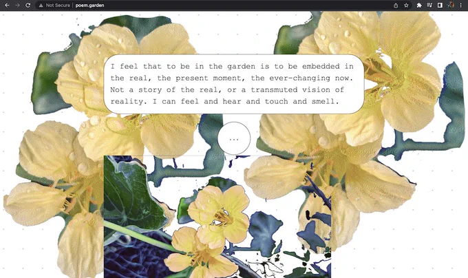 A webpage with a digital collage of yellow flowers and poetic text about gardens and reality.