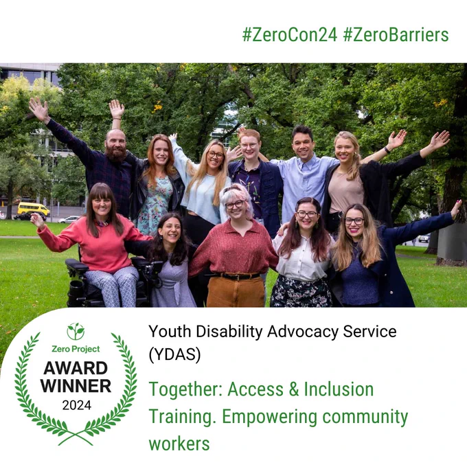 Zero Project Awardee Winner 2024: Youth Disability Advocacy Service (YDAS): Together: Access & Inclusion Training. Empowering community workers #ZeroCon24 #ZeroBarriers Photo: Group photo of people in wheelchairs and without, hugging each other and stretching out their arms.