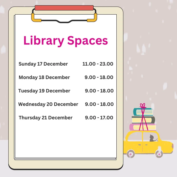 Image is of a clipboard with a snowy background, car driving with books on top. Library Spaces, Student Counter and Hub Chat Opening Hours between 17 December - 21 December.