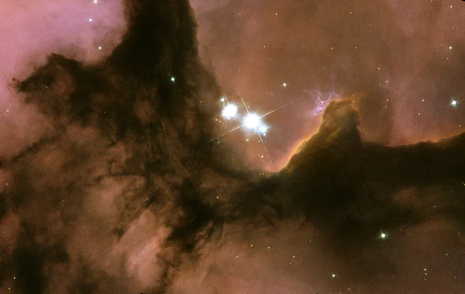Ridges of dark brown dust cross the image, in front of glowing pinkish-red gas. A few very bright and large stars shine near the center, and smaller stars dot the image.