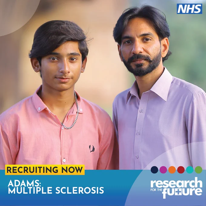 Graphic containing the NHS and Research for the Future logos with an image of an Indian man with his son to illustrate the ADAMS Multiple Sclerosis study