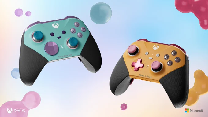 Two personalised Xbox controllers designed in Xbox Design Lab. The one on the left is an elite controller with a light blue shell, with the one of the right being a standard controller with an organge shell. Controllers are floating on a bubbly background, of blue & organge pastel colours.