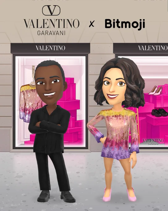 Two excited Bitmoji avatars pose wearing festive new holiday looks from Valentino in front of the Valentino store
