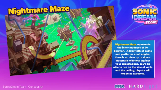 Sonic Dream Team Concept Art for Nightmare Maze. Represents the inner madness of Dr. Eggman. A labyrinth of paths and platforms at all angles, there is no clear up or down. Waterfalls will flow against your expectations. You’ll be able to run on the side of walls and the ceiling physics will not be as expected.