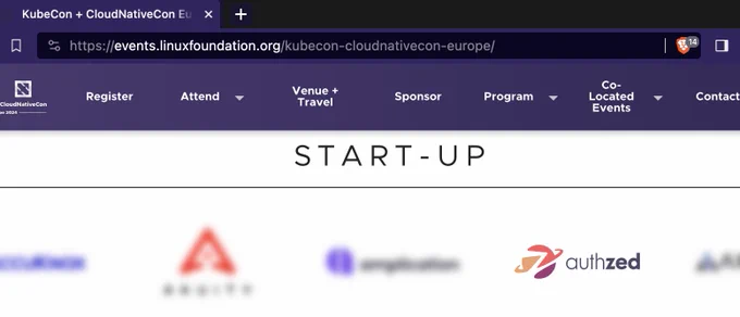 authzed logo under the start-up section of the KubeCon Paris sponsors list