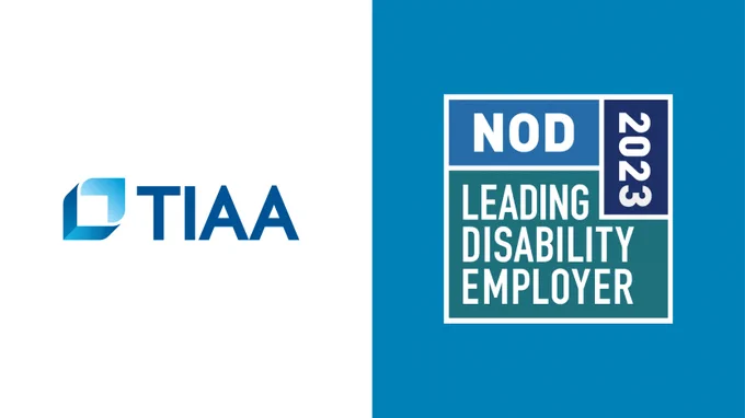 TIAA company logo to the left of the NOD Leading Disability Employer Seal logo