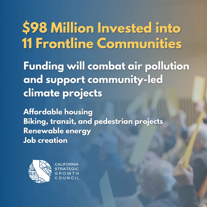 $98 Million Invested into 11 Frontline Communities. Funding will combat air pollution and support community-led climate projects. Affordable housing. Biking, transit and pedestrian projects. Renewable energy. Job creation. SGC logo. 