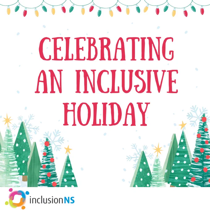 Holiday card with ‘CELEBRATING AN INCLUSIVE HOLIDAY’ text, Christmas trees, lights, and inclusionNS logo