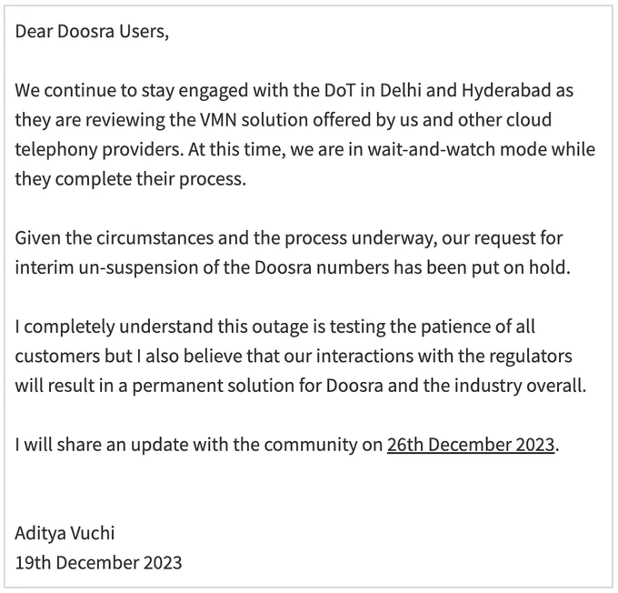 Update on Doosra's service disruption