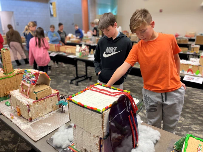 Students viewing the MCMS Gingerbread Challenge 2023