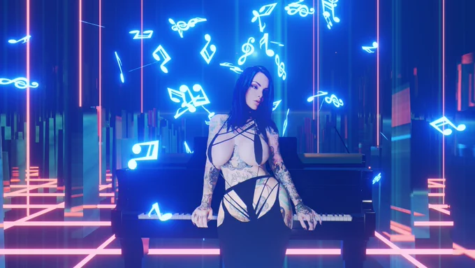 THe original she was sitting on a bed. Looking lonely. Now thes a lounge singer singing before a magical piano that plays itself. WHile making glowing music notes. You know. For the hearing challenged.  Look. Theres an 80's neon grid floor. Breath taking. I'm not displeased with the original. I just needed more. We all need a little more. Well. OF something thats just so good you cant look away. This has been another Riar Render. CGI art by ElixirNine. A.K.A. Jason Chischilly. 