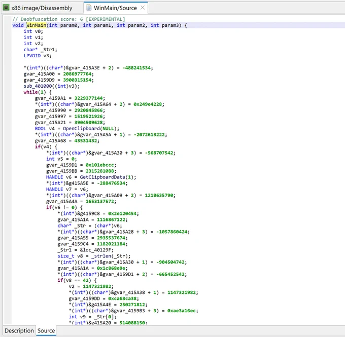 Obfuscated WinMain (garbage code, opaque predicate)