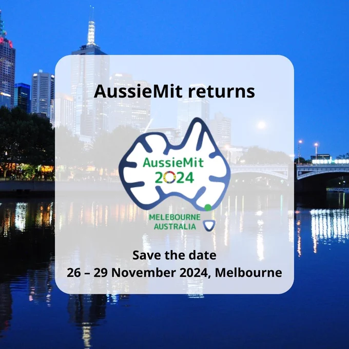 Picture of Melbourne. Text reads 'AussieMit returns. Save the date 26 – 29 November 2024, Melbourne'.