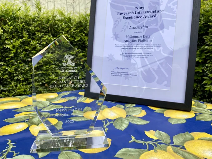 Award certificate and statue on a table