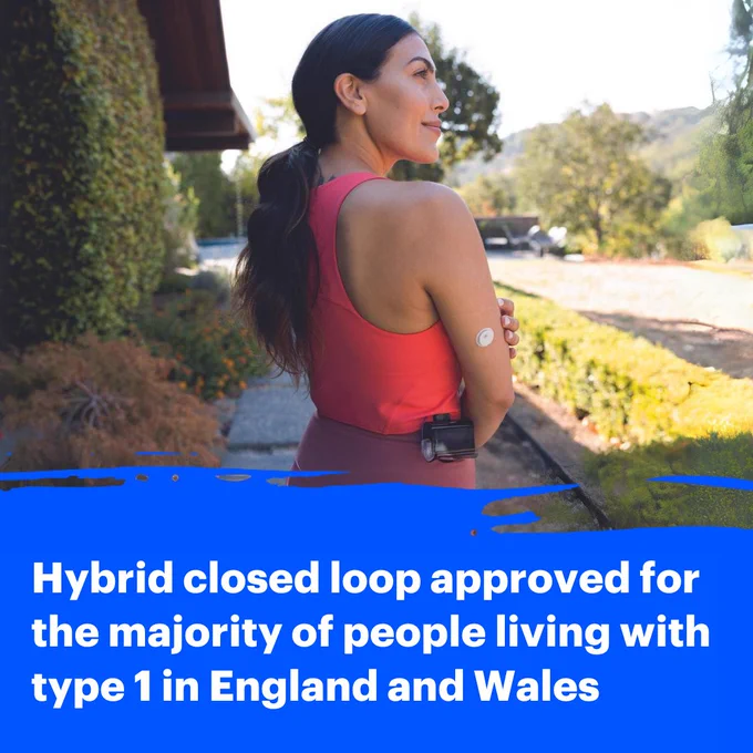 Woman in sportswear, in a sunny street wearing hybrid closed loop technology. Text reads: Hybrid closed loop approved for the majority of people living with type 1 in England and Wales.