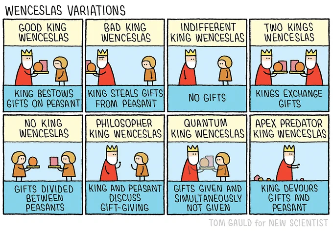 Title: Wenceslas Variations
1. Good King Wenceslas: King bestows gifts on peasant.
2. Bad things Wenceslas: King steals gifts from peasant.
3. Indifferent King Wenceslas: No gifts
4. Two Kings Wenceslas: Kings exchange gifts.
5. No King Wenceslas: Gifts divided between peasants.
6. Philosopher King Wenceslas: King and Peasant discuss gift-giving.
7. Quantum King Wenceslas: Gifts given and simultaneously not given.
8. Apex Predator King Wenceslas: King devours gifts and peasant.
