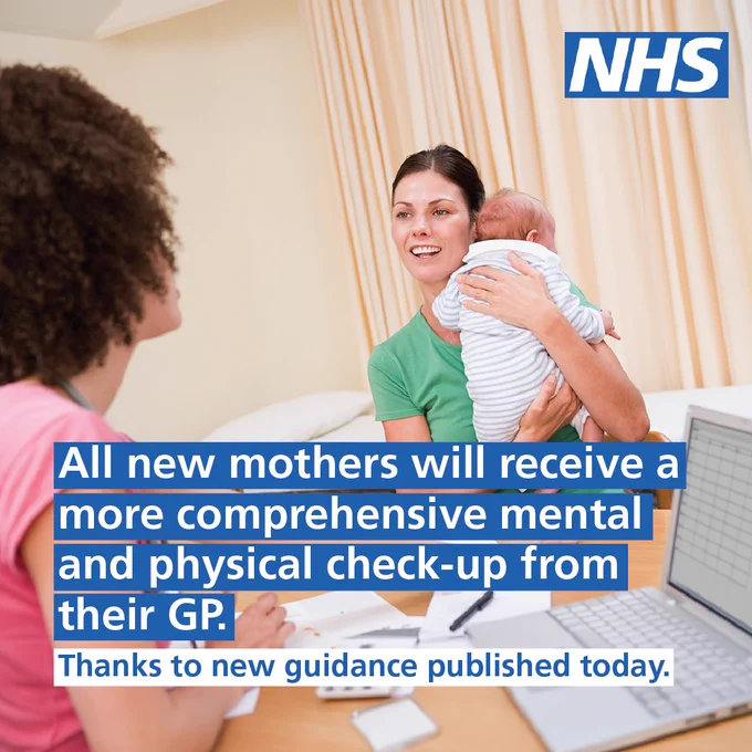 Image: A mother is holding her newborn baby while speaking to a GP. Text: All new mothers will receive a more comprehensive mental and physical check-up from their GP. Thanks to new guidance published today.