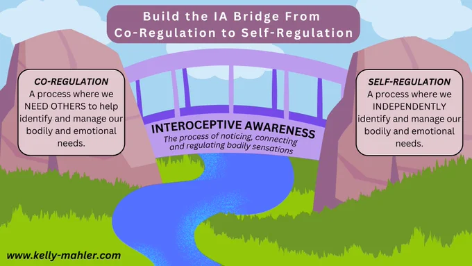 An outdoor scene depicting two boulders on either side of a river with a bridge in between. There is grass around the boulders and a blue sky with clouds above them. At the top of the graphic, over the sky, there is a title that reads: Build the IA Bridge from Co-Regulation to self-regulation. On the left boulder, the definition of coregulation is written. On the right boulder, the definition of self-regulation is written. There is a purple bridge between the boulders and over the river representing interoceptive awareness. The definition of interoceptive awareness is written on the bridge.