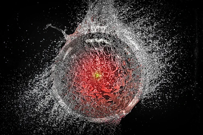 A popping water-balloon, caught mid-burst. Superimposed over it is the hostile glaring eye of HAL9000 from Stanley Kubrick's '2001: A Space Odyssey.'

Image:
Cryteria (modified)
https://commons.wikimedia.org/wiki/File:HAL9000.svg

CC BY 3.0
https://creativecommons.org/licenses/by/3.0/deed.en

--

tom_bullock (modified)
https://www.flickr.com/photos/tombullock/25173469495/

CC BY 2.0
https://creativecommons.org/licenses/by/2.0/
