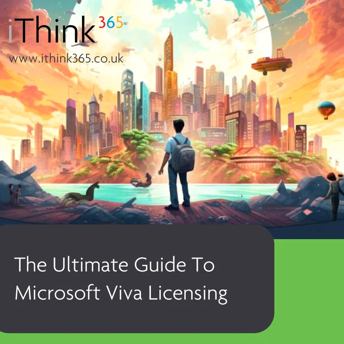 Social tile promoting the iThink 365 article. Includes iThink 365 logo, grey and green block with white text with The Ultimate Guide to Microsoft Viva Licensing?