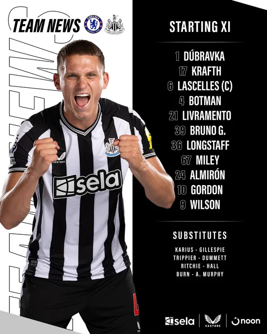 Newcastle United v Chelsea: Dúbravka, Krafth, Lascelles, Botman, Livramento, Bruno G., Longstaff, Miley, Almirón, Gordon, Wilson.