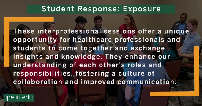 Graphic contains a student response after having attended a TEACH Exposure experience. It reads:

"These interprofessional sessions offer a unique opportunity for healthcare professionals and students to come together and exchange insights and knowledge. They enhance our understanding of each other's roles and responsibilities, fostering a culture of collaboration and improved communication."