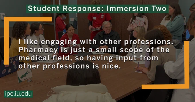 Graphic reads: "I like engaging with other professions.
Pharmacy is just a small scope of the medical field, so having input from other professions is nice."