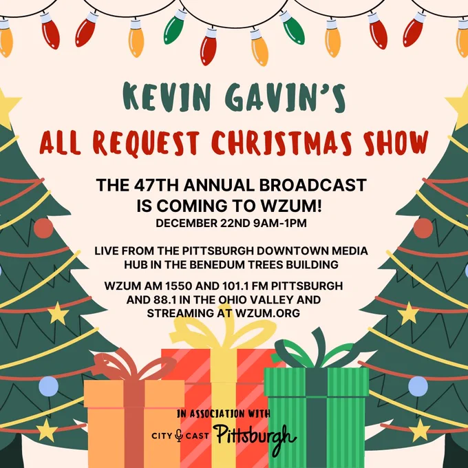 Join our friends from WZUM and @meganharris13  @CityCastPgh for a community celebration . You could be live on the radio. Submit your Christmas music requests: message me here or on IG @kosgavin01