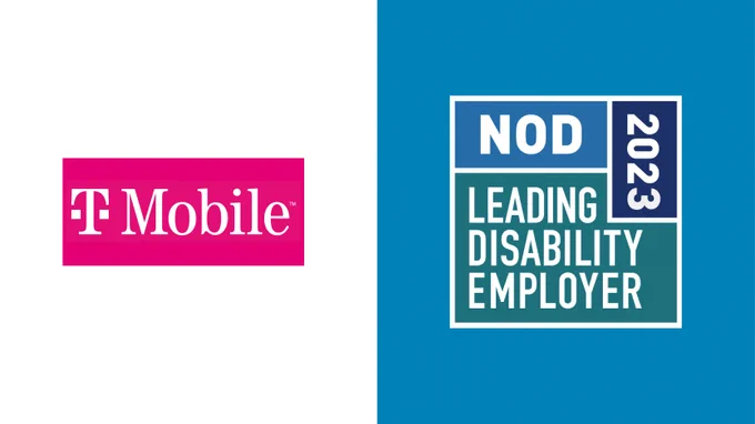 T-Mobile company logo to the left of the NOD Leading Disability Employer Seal logo