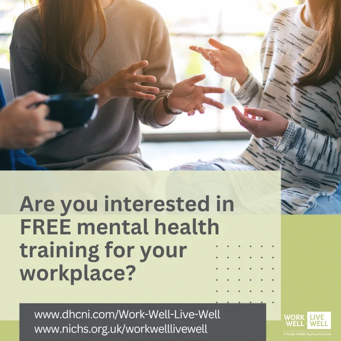 Image of two women having a discussion with added text 'Are you interested in FREE mental health training for your workplace?'