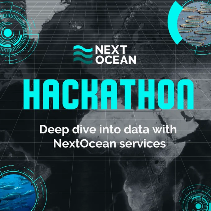 Banner advertising NextOcean Hackathon "Deep dive into data with NextOcean service", a map background, overlaid with a grid and pictures of fisheries and aquaculture.