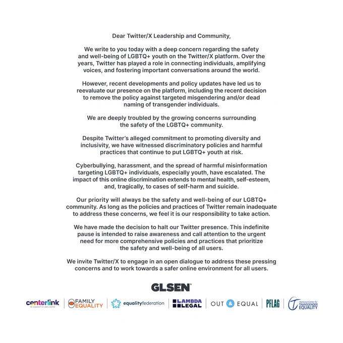 An image of our statement with black text on a white background. The organizations that partnered with us, as well as the GLSEN logo, is at the bottom.