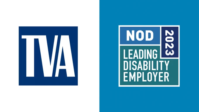 Tennessee Valley Authority company logo to the left of the NOD Leading Disability Employer Seal logo