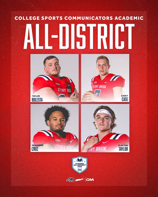 Stony Brook's Taylor Bolesta, Casey Case, De'Aundre Cruz and Clayton Taylor were named College Sports Communicators Academic All-District on Tuesday.