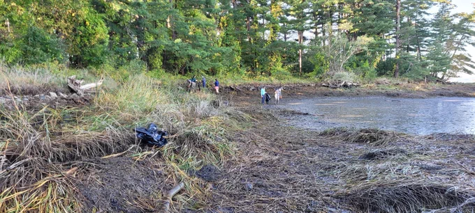  A group of people along a shoreline collecting garbage.
