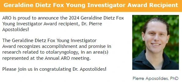 ARO is proud to announce the 2024 Geraldine Dietz Fox Young Investigator Award recipient, Dr. Pierre Apostolides!

The Geraldine Dietz Fox Young Investigator Award recognizes accomplishment and promise in research related to otolaryngology, in an area(s) represented at the Annual ARO meeting.

Please join us in congratulating Dr. Apostolides!