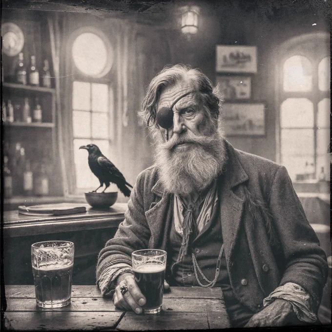 Black and white photo of an old man wearing an eyepatch. He’s sitting at a table drinking a beer. In the background you can spot a raven.