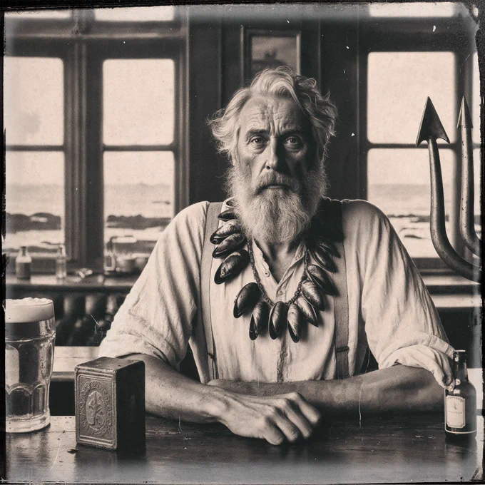 Black and white photo of an old man at a bar wearing a necklace made of mussels. Through the windows in the background you can see the ocean.