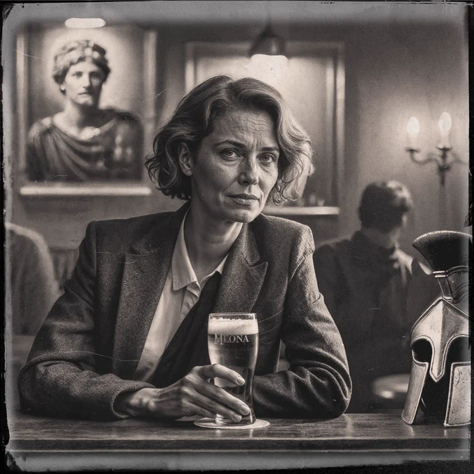 Black and white photo of a middle aged woman sitting at a bar a beer in her hand. Next to her sits a medieval helmet.