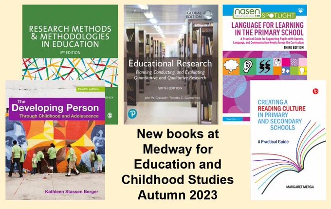 Book covers of 5 books: Research methods and methodologies in education, Educational research, Language for learning in the primary school, Creating a reading culture, The developing person through childhood and adolescence.