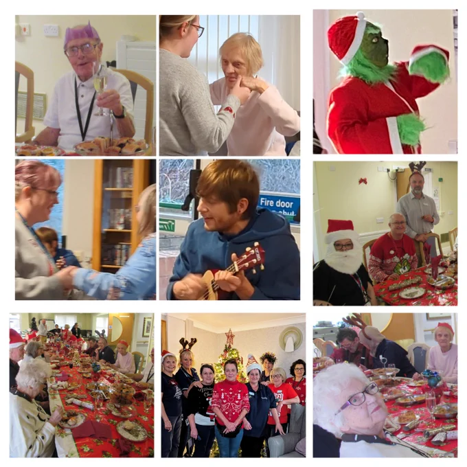 Collage of photographs - an adult raising a glass in a toast wearing a Christmas cracker hat, an adult dancing with staff, the Grinch, a different adult and staff dancing, Jay and his ukulele providing music, some of the staff in festive dress, the party table surrounded by adults, some staff in their Christmas jumpers, a closer view of some of the adults at the table are all pictured. 